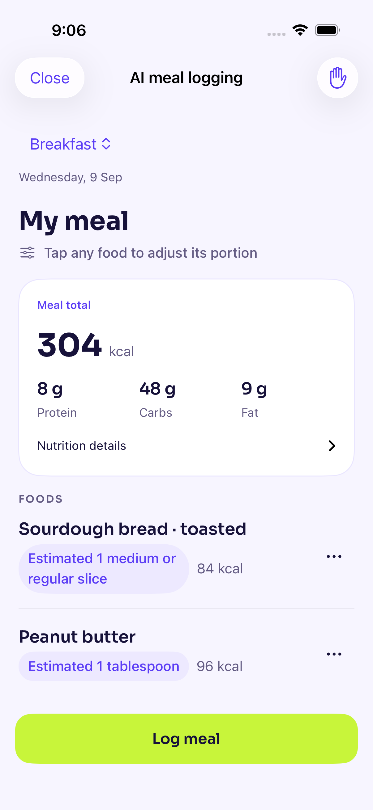 Burn AI meal review with example breakfast totals and editable sourdough and peanut butter portions