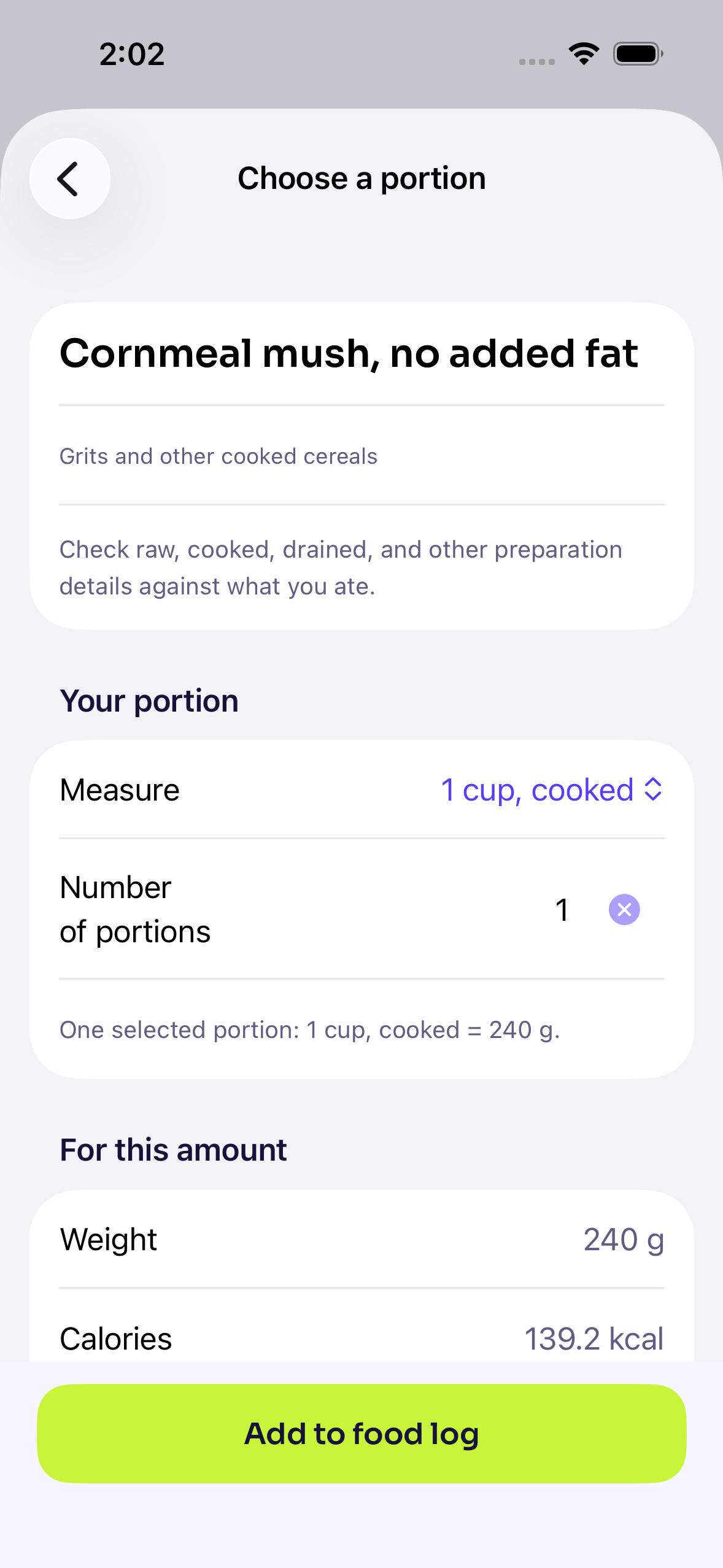 Burn portion screen showing one cup of cooked cornmeal, its 240 gram weight and calculated calories